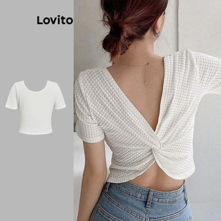 Áo thun Lovito vải waffle dệt kim hở lưng thắt nút màu trơn thanh lịch cho nữ L77ED208