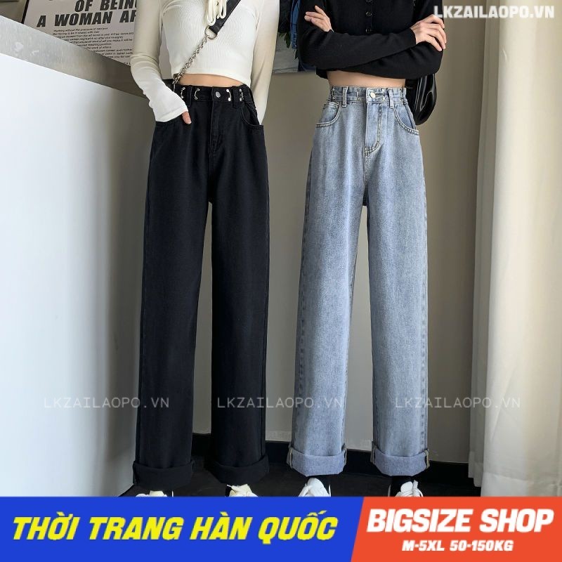 Quần jean dài nữ lưng cao Bigsize quần bò jean ống rộng suông cạp cao đen mùa thu đông Phong cách Hàn Quốc Thời Trang đẹp
