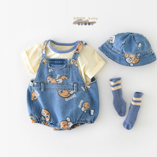 Bộ áo liền quần trẻ em có mũ màu xanh Denim Smile Face Bộ quần áo trẻ em