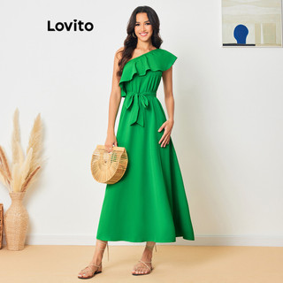 Đầm Lovito phối thắt lưng hai lớn lệch vai màu trơn boho cho nữ LBL08118
