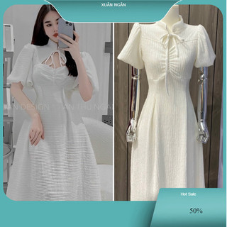 Váy tay phồng cổ đứng cột nơ tiểu thư xốp gân dáng dài XN