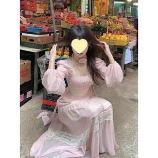 Mùa Xuân Phong Cách Mới Pháp Ren Cổ Vuông Đầm Ngắn Voan Váy Dài Nữ