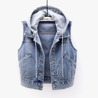 Jiashuchen Denim Vest Nữ Mùa Xuân Ngắn Phong Cách Mới Có Mũ Trùm Đầu Túi Lớn Áo Khoác Không Tay Phù Hợp Với Slim-fit Top Cardigan