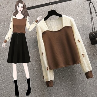 🌸Hàng Order🌸Váy Đầm Bigsize Áo Len Tăm Nâu Tăm Phối Tay Trắng Đính Nơ Trẻ Trung Nữ Tính🌸Hàng Quảng Châu