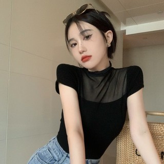Áo thun nối ren xuyên thấu lưới màu đen, áo ngắn tay thời trang mỏng mùa hè dành cho nữ