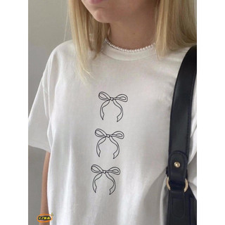 Whbyzwhcb Cotton Nguyên Chất Phong Cách Hàn Quốc Nơ Áo Thun In Hình Tay Ngắn Rời Mùa Hè Phong Cách Mới Top Nữ Cặp Đôi Mặc Nửa @ -