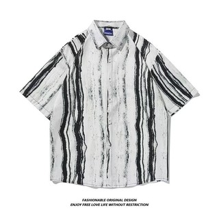 Live GREA Áo sơ mi nam ngắn tay phong cách cổ điển Mỹ mực nhuộm màu băng lụa phong cách đường phố áo sơ mi xu hướng