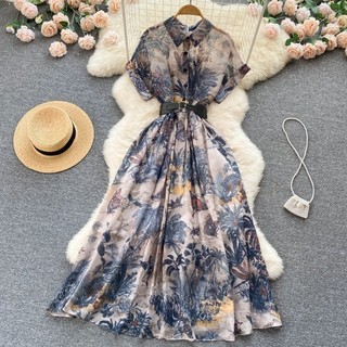 2024 Nữ Vintage Đầm Dự Tiệc Mùa Hè Pháp Thanh Lịch In Hình Đầm Nữ Cao Cấp Retro Đơn Thắt Lưng Ngực Thường Ngày Dài Đầm