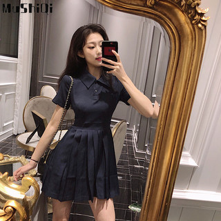 Đầm Nữ Mùa Hè Đơn Giản Phong Cách Hàn Quốc Cổ Áo Polo Ôm Tay Ngắn Phong Cách Đại Học Váy Xếp Ly