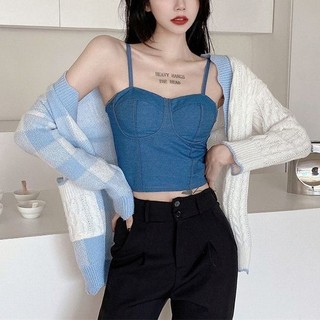 Mới Retro Đau Khổ Denim Vest Sling Nữ Mùa Hè Bên Ngoài Mặc Top Ren Khâu Quấn Ngực Đáy Áo Sơ Mi
