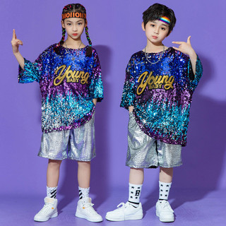 3-14 Tuổi Trẻ Em Tay Ngắn Jazz Khiêu Vũ Hip Hop Trang Phục Bé Gái Hip Hop Phù Hợp Với Bé Trai Trống Bộ Kim Sa Lấp Lánh Thể Hiện Quần Áo