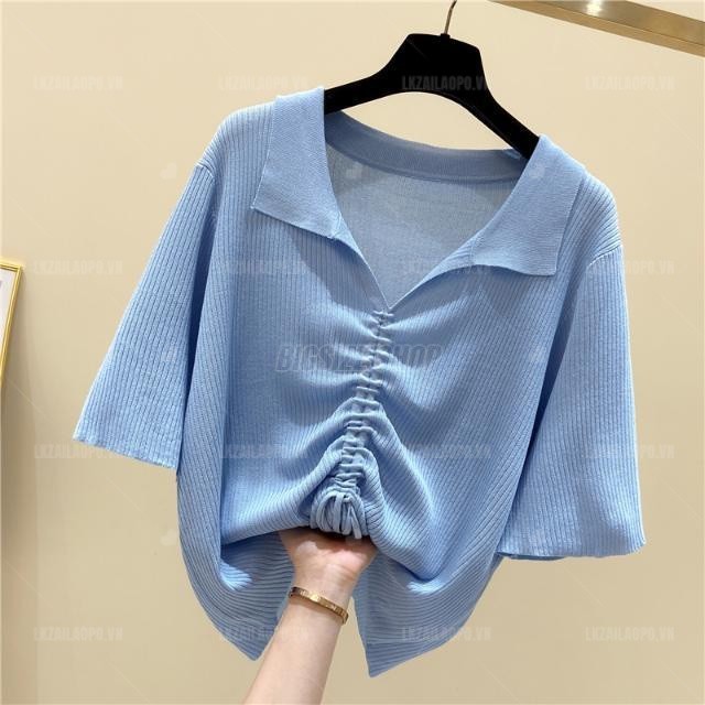 Áo thun nữ tay ngắn Bigsize Áo dệt kim kiểu form rộng có cổ thiết kế dây rút trơn mùa hè Phong cách Hàn Quốc Thời Trang đẹp