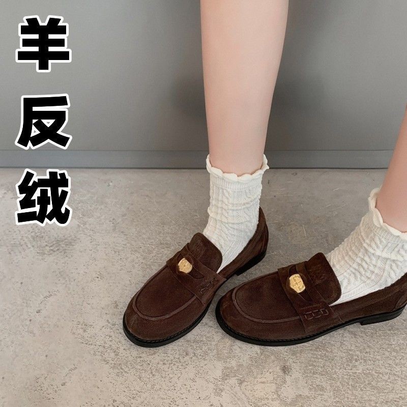 Suyin Da Lộn Nhỏ Vàng Đồng Xu Da Thật Thật Nữ Slip-On Cùng Phong Cách Giày Handmade Giày Da Nhỏ