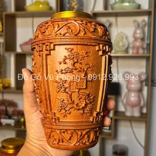 Bình đựng trà gỗ hương đá - Hũ đựng chè khô gỗ hương họa tiết Tứ Quý