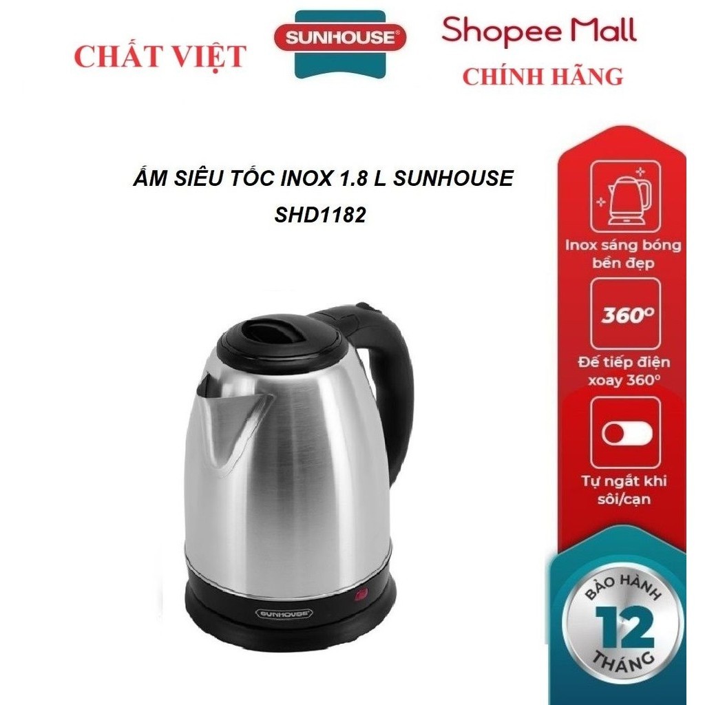 Ấm siêu tốc inox SUNHOUSE SHD1182