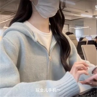 Áo len có mũ trùm đầu nữ thu đông dáng rộng Áo len Cardigan ngắn màu xanh hồng