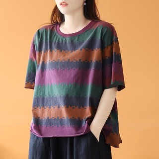 Cotton Nguyên Chất Plus Kích Thước Áo Thun Nữ Mùa Hè Phong Cách Mới Cổ Tròn Áo Rời Bao Da Thịt Mỏng Hơn Nhìn In Hình Ngắn @