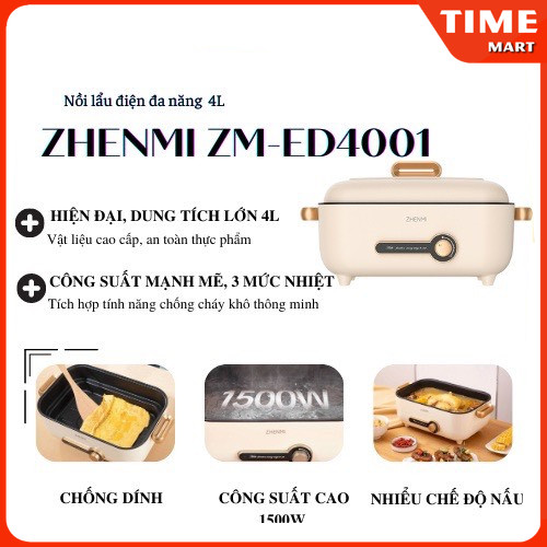 [ CHÍNH HÃNG ] Nồi lẩu điện đa năng ZHENMI ZM-ED4001 4L. Nhanh sôi,dung tích lớn  [TIME_MART siêu th