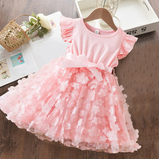 Njxd 2-6T Mùa Hè Mới Màu Hồng Bé Gái Đầm Bướm Ngọt Ngào Bé Tay Ngắn Đầm Tiệc Cưới Bé Gái Quần Áo Trẻ Em