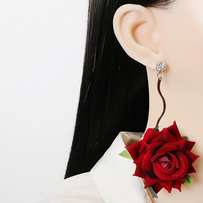 Bông Tai Hoa Hồng Đỏ Phóng Đại Nữ Đơn Giản Dài Tòn Ten 18k Mạ Vàng Vải Bông Tai Hoa Trang Sức ﻿Pd2098