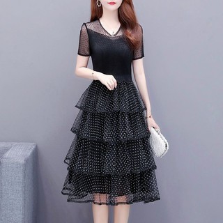Đầm voan ngắn tay cổ chữ v họa tiết chấm bi thời trang mùa hè phong cách mới cho nữ