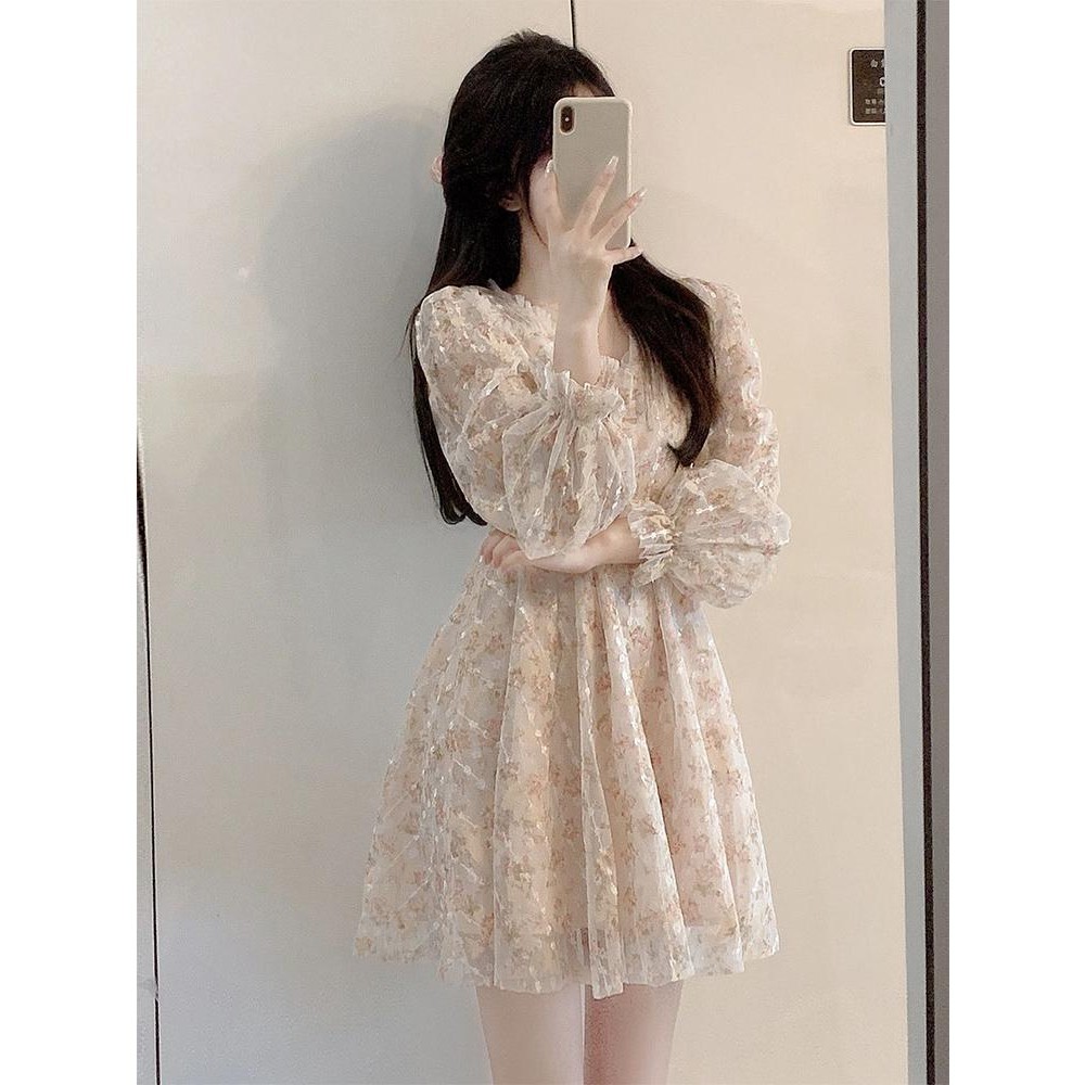 Mùa Thu Nữ Thiết Kế Phong Cách Mới Niche Sang Trọng Đẹp Tinh Khiết Desire Phong Cách Cổ Chữ V Tay Phồng Đầm Hoa