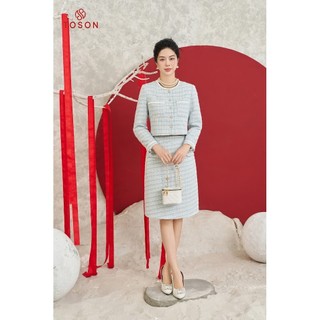 Bộ text xanh Áo vest cổ tròn phối trắng chân váy S8346X93