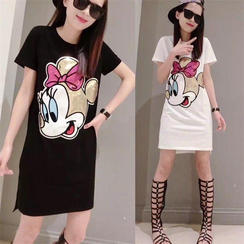 Áo thun ngắn tay dáng rộng in hình Minnie thời trang nữ Sequin