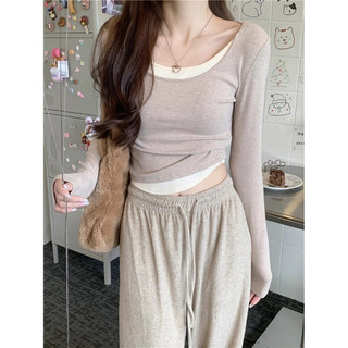Honey-Honey❣️4 màu Áo Thun Dáng Ôm Ngắn Tay Dài Giả Hai Lớp Mềm Mại Phụ nữ thời trang mùa thu