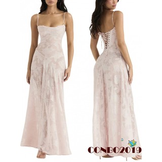 Hgm-nữ Spaghetti Dây Dài Đầm Ren Hoa Tay Áo Sling Backless Đầm Đi Biển Mùa Hè Ngày Lễ Đầm