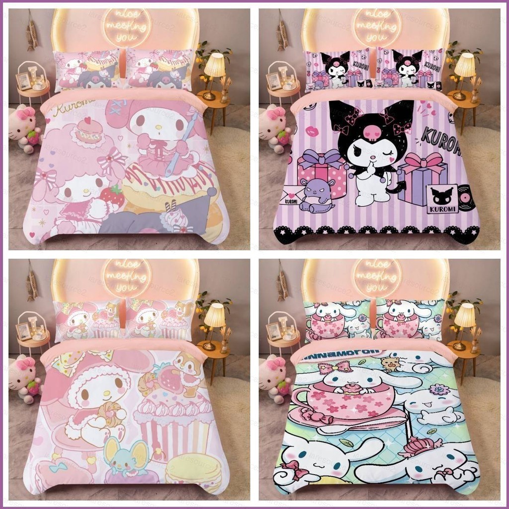 Sq2 Hot Sanrio Kuromi Melody Cinnamoroll 3in1 Bộ chăn ga gối ga trải giường Vỏ chăn phòng ngủ Bộ đồ thoải mái có thể giặt được