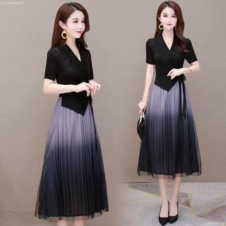 Bộ đồ cổ áo váy dành cho nữ mùa hè 2023 mới tay ngắn gradient váy xếp ly giảm béo 2024-03-08