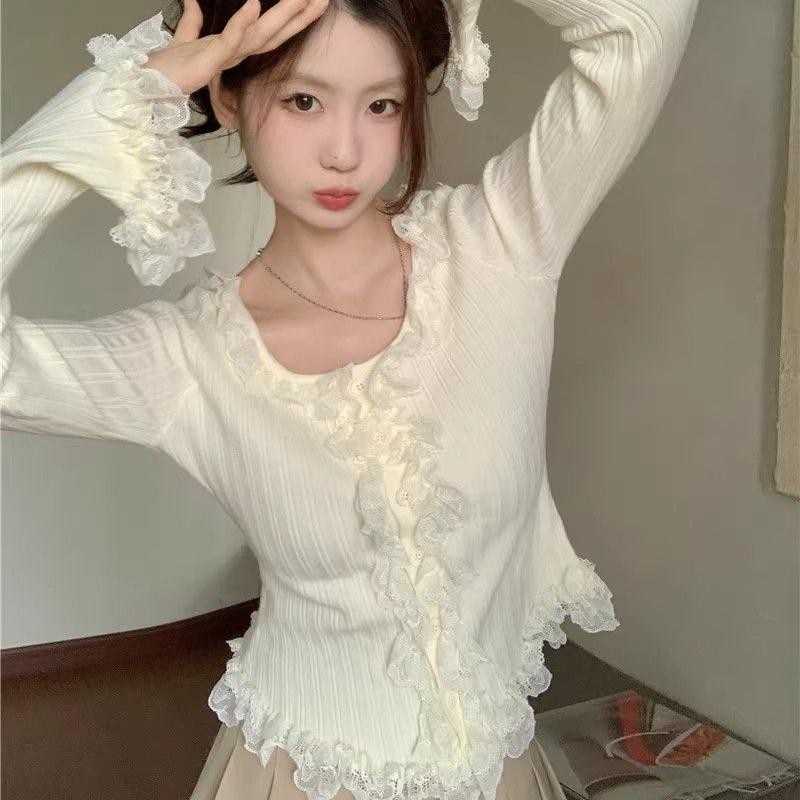 T Sang Trọng Pure Desire Phong Cách Dệt Kim Nữ Phong Cách Ngắn Khâu Ren Top
