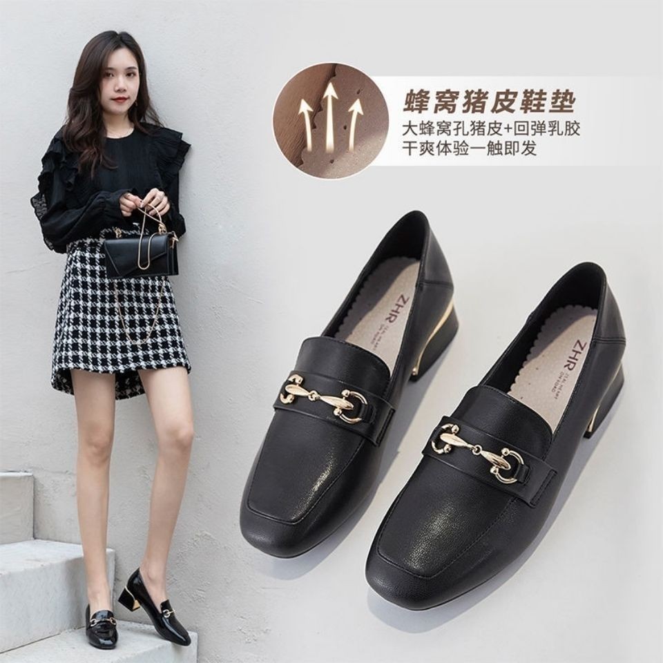 Giày Da Thật Mềm Nữ Gót Dày Giày Da Nhỏ Anh Tất Cả Trận Đấu Giữa Gót Slip-On Cho Nữ