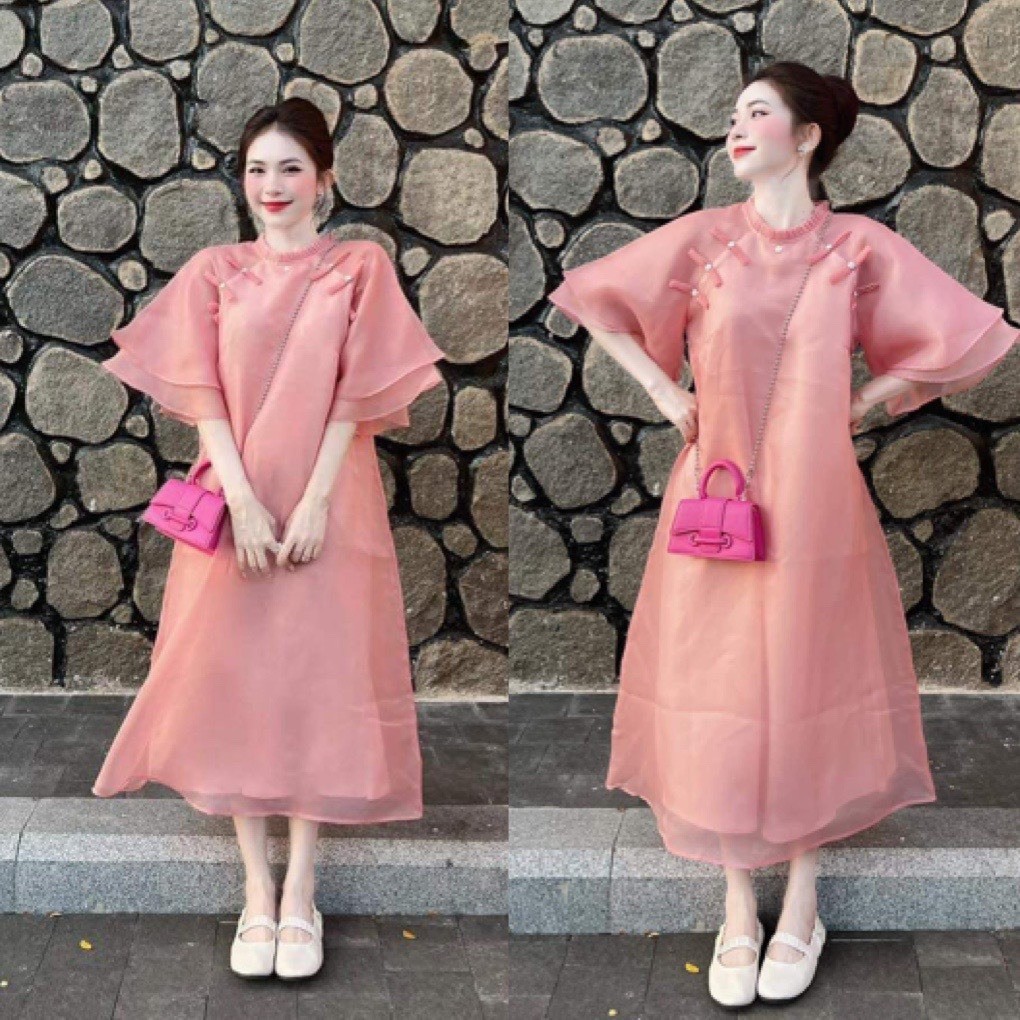 Váy Công Chúa Suông Dài Cổ Tàu Sườn Xám Màu Hồng Cánh Tiên Sang Chảnh, Đầm Tiểu Thư Dự Tiệc 2 Lớp đí