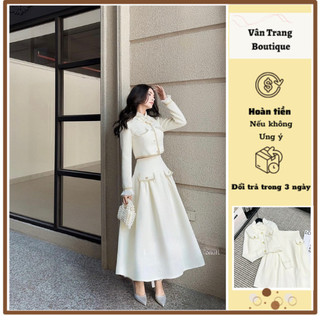 T250 Set áo khoác dạ viền thừng croptop cổ nơ phối chân váy dạ dài cạp cao hàng chuẩn ảnh sàn loại 1 chất cực đẹp