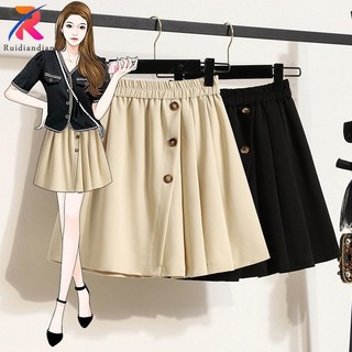 Ruidiandian Váy Ngắn Cho Nữ Plus Size Mùa Hè Phiên Bản Hàn Quốc Đơn Giản Co Giãn Eo Nút Thiết Kế Không Đều Trang Trí Váy Chữ A Màu Trơn