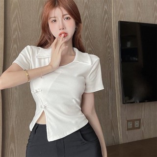 Niche Sang Trọng Tuyệt Đẹp Mới Phong Cách Trung Hoa Khóa Tay Ngắn Top Cổ Mùa Hè Phong Cách Cộng Hòa Trước Vai Ngắn Áo Thun Nữ