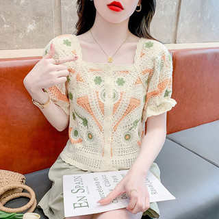 Tay Ngắn Nữ Phong Cách Mới Mùa Hè Móc Dệt Kim Áo Thun Thời Trang Ngắn Rỗng Top Mùa Hè