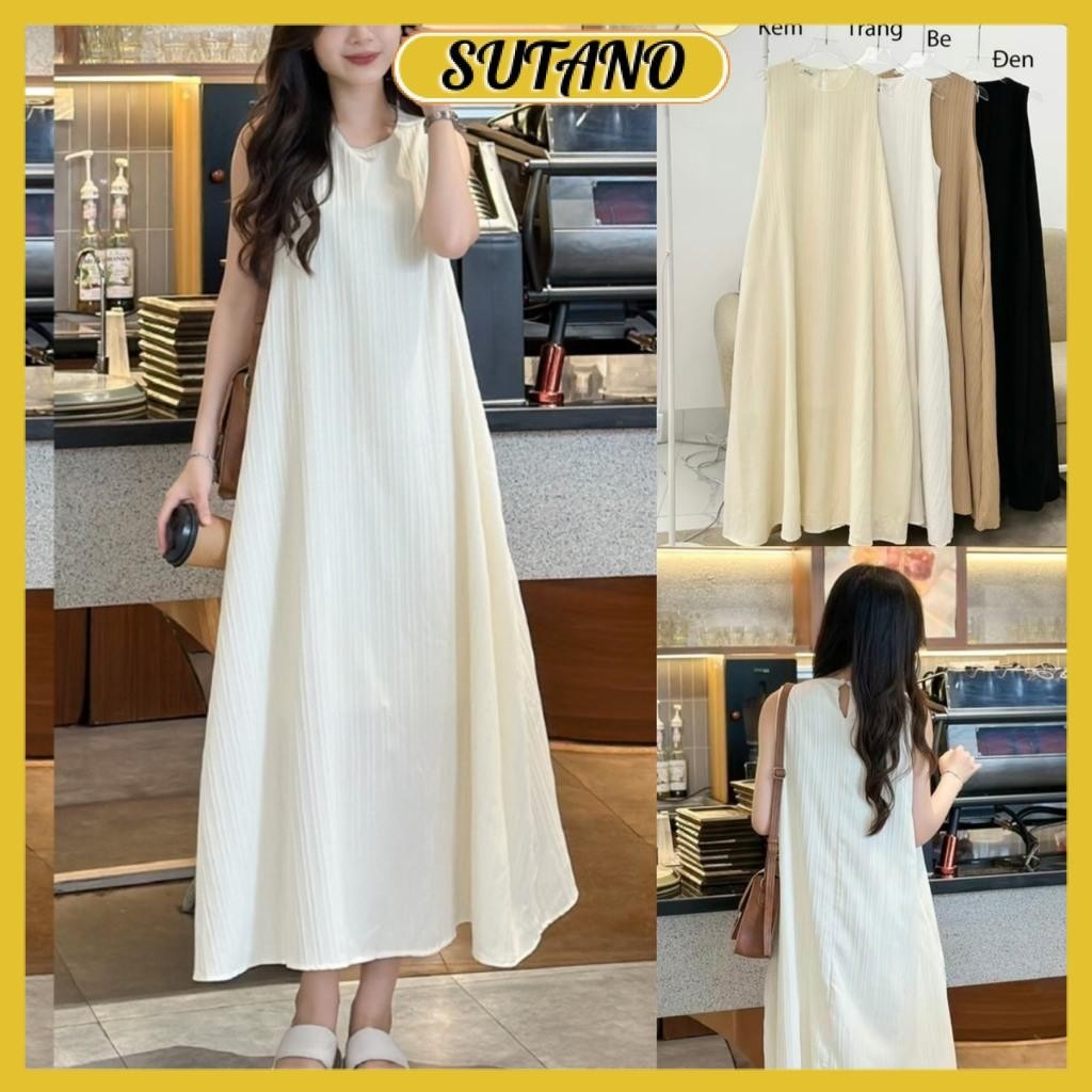 Váy ba lỗ 2 lớp đầm suông sát nách dáng xòe chất vải đũi gân mềm mát V842 SUTANO