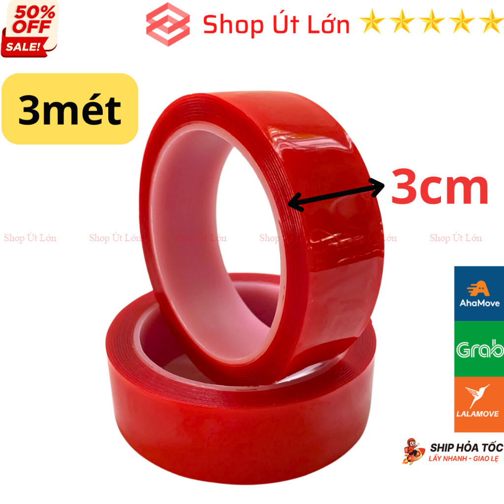 [Đỏ 3M] 1 Cuộn băng keo nano 2 mặt siêu dính trong suốt đa năng 3M, dầy 1mm rộng 3cm - dài 3 mét - S