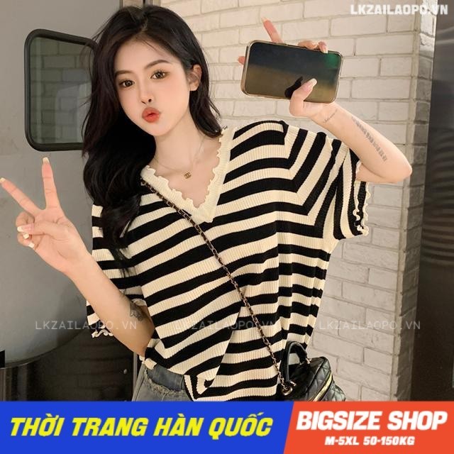 Áo thun nữ tay ngắn Bigsize Áo dệt kim kẻ sọc form rộng cổ chữ v mỏng mùa hè Phong Cách hàn quốc đẹp Thanh Lịch cho nữ