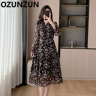 Đầm hoa voan dài tay cổ tròn Ozunzun 5013