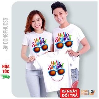 Áo gia đình mẫu Hello Summer màu trắng thun cotton mềm mịn làm đồ đồng phục GD319T | DONGPHUCSG