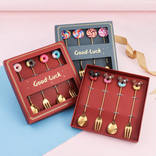 In stock#WCreative Stainless Steel Spoon Fork Stirring Coffee Spoon Donut Spoon Cute Cartoon Fruit Fork Gift Set12cc