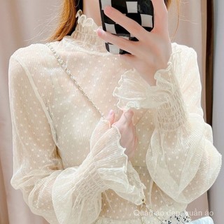 Phong Cách Mới Nấm Cạnh Ren Đáy Áo Sơ Mi Nữ Mùa Xuân Bên Trong Mặc Thời Trang Trumpet Tay Gạc Trắng Cổ Cao Gạc Top 5LGI