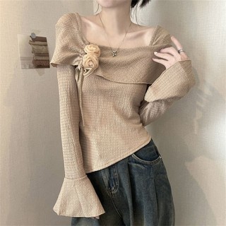 Áo Coquette Tay Dài ôm body Thiết Kế Áo Thun Niche 2024 Phong Cách Mới Nữ Xuân Thu Thu Mặc Bên Trong Ba Chiều Hoa Hồng Hồng Dài Tay