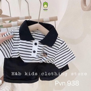 Đồ Bộ Cộc Tay Cho Bé Trai, Bé Gái KIMCHIBABY Vải Cotton Kẻ Sọc Thêu Gấu 3 Màu, Bộ Quần Áo Polo Cho Bé Mặc Hè CK434