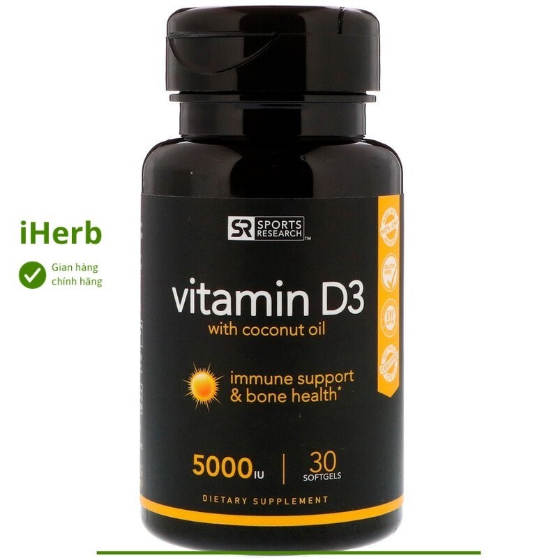 Vitamin D3 với dầu dừa, 125 mcg (5.000 IU) của Sports Research ( 30 viên) - iHerb Việt Nam