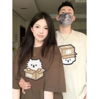 Áo thun vải Cotton khô ình hình mèo cặp đôi nam nữ form rộng tay lỡ